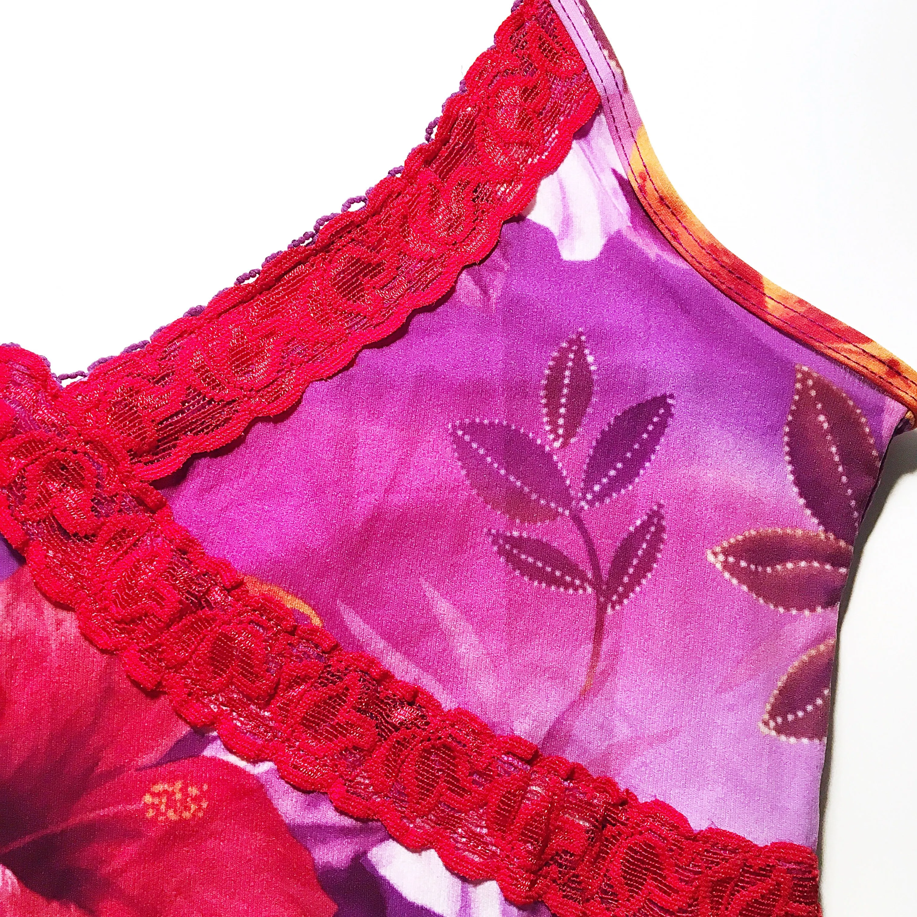 90s Y2K 00s PINK FLORAL LILIES LACE TRIM SLIP DRESS