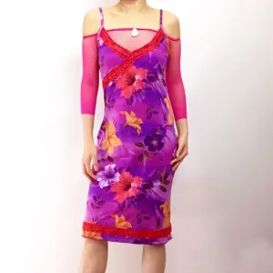 90s Y2K 00s PINK FLORAL LILIES LACE TRIM SLIP DRESS