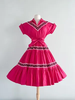 Adorable 1950's Fuchsia Patio Dress by Gail Whitney / Medium