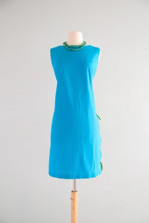 Adorable 1960's Turquoise Blue & Green Cotton Shift / Sz ML
