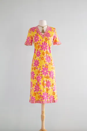Adorable Vintage Flower Power Cotton Jersey Dress By Italian Designer Bessi / Medium