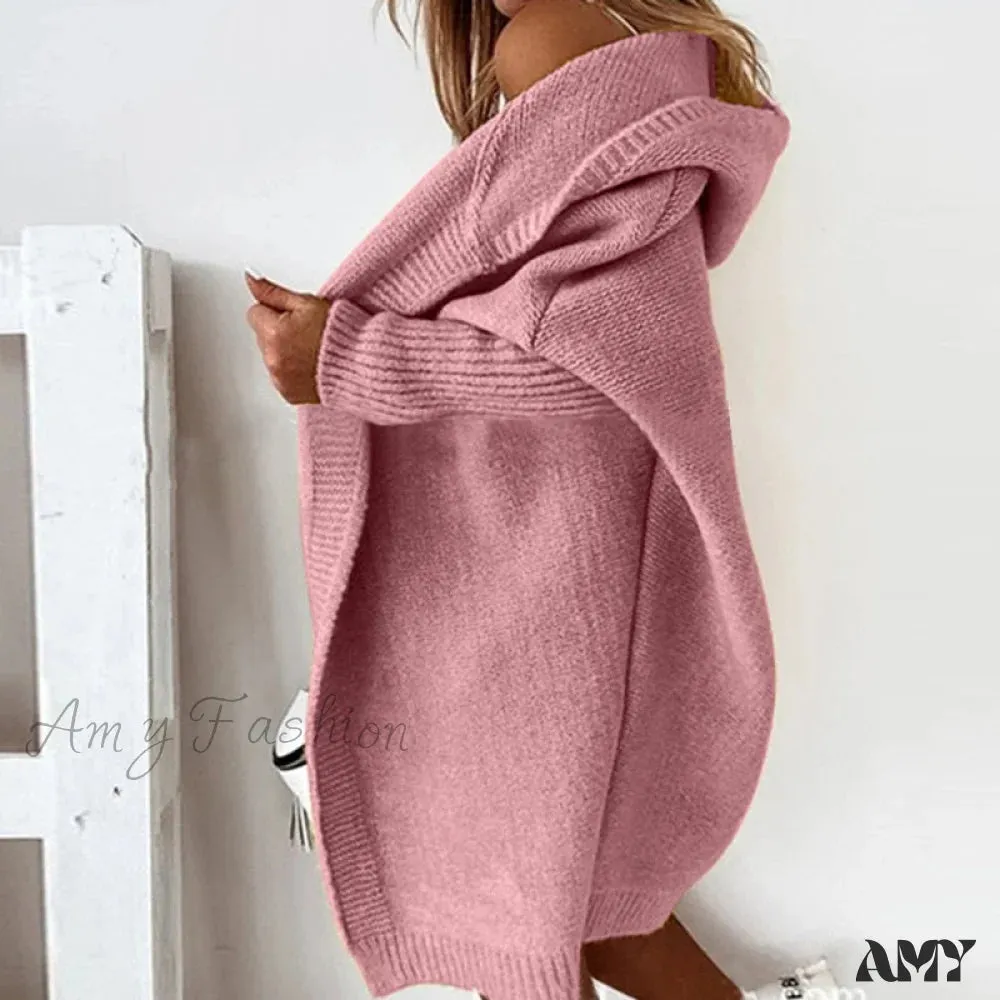 Amy Fashion - Long Hooded Cardigan Women Solid Color Braid Knit Overcoat
