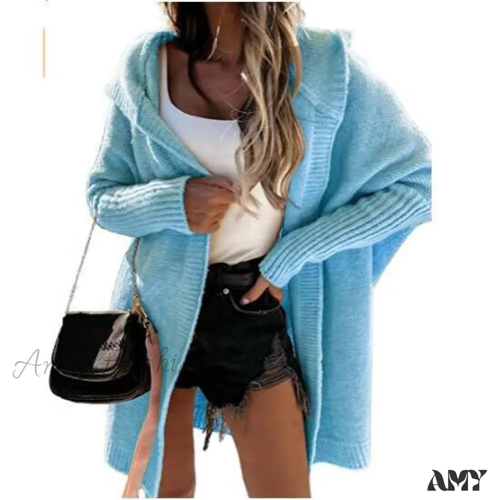 Amy Fashion - Long Hooded Cardigan Women Solid Color Braid Knit Overcoat