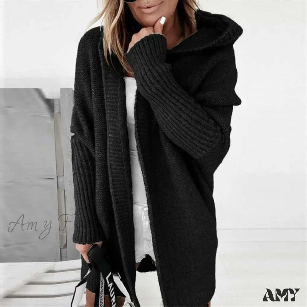 Amy Fashion - Long Hooded Cardigan Women Solid Color Braid Knit Overcoat