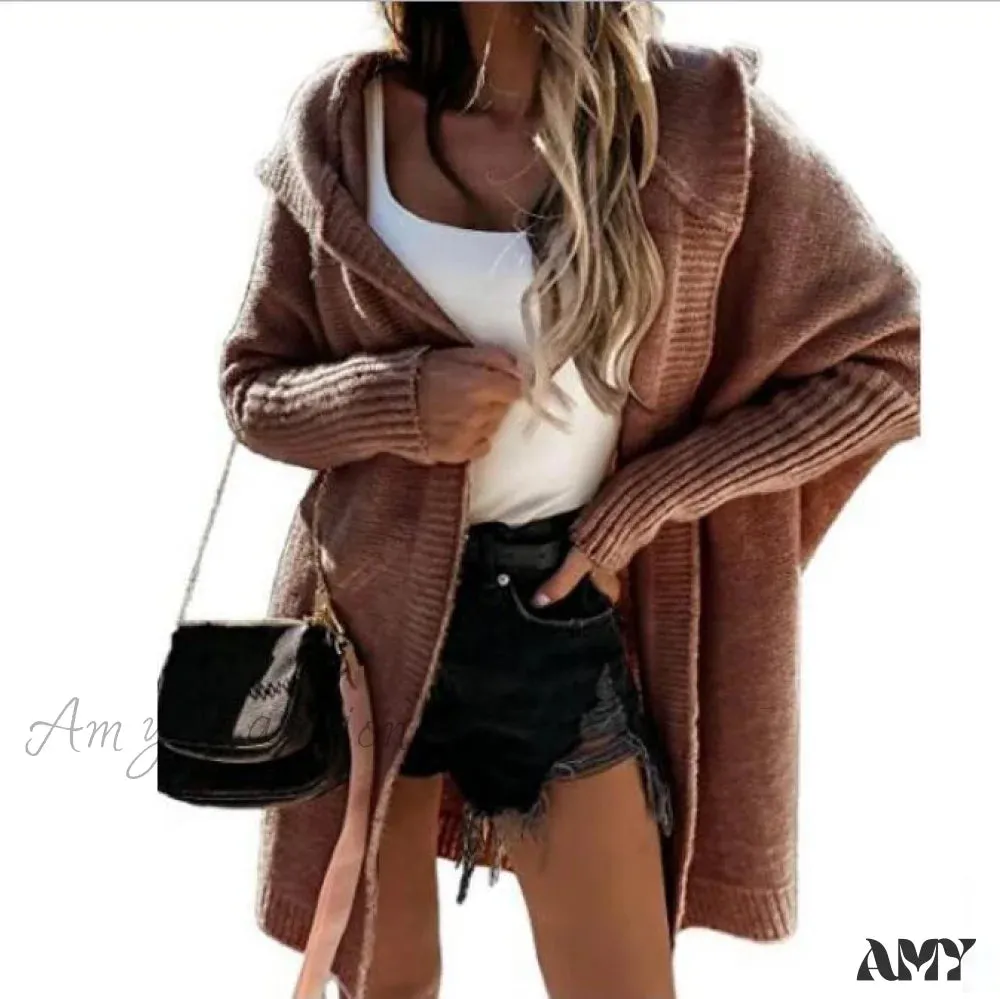 Amy Fashion - Long Hooded Cardigan Women Solid Color Braid Knit Overcoat