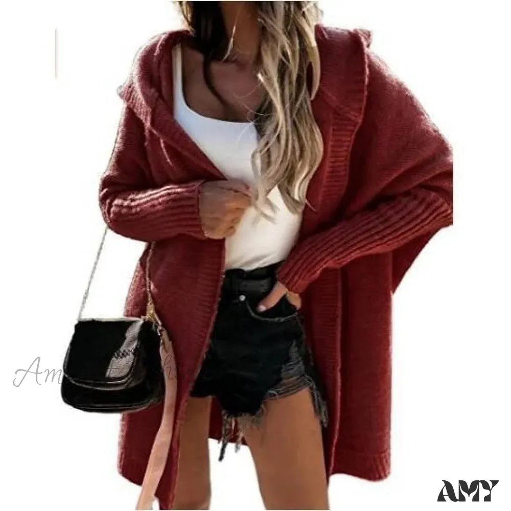 Amy Fashion - Long Hooded Cardigan Women Solid Color Braid Knit Overcoat