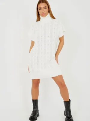 Annya Oversized Roll Neck Cable Knit Dress In Cream