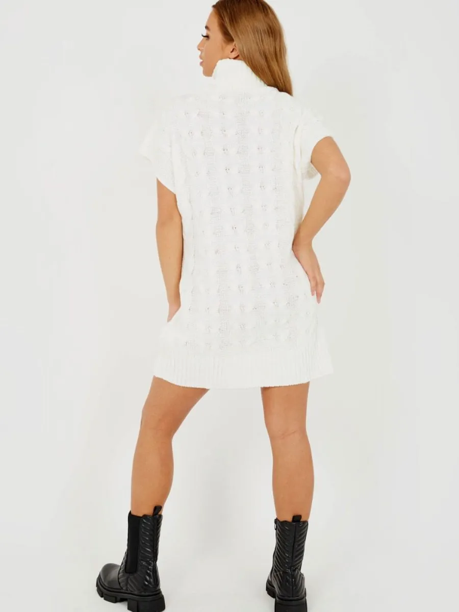 Annya Oversized Roll Neck Cable Knit Dress In Cream