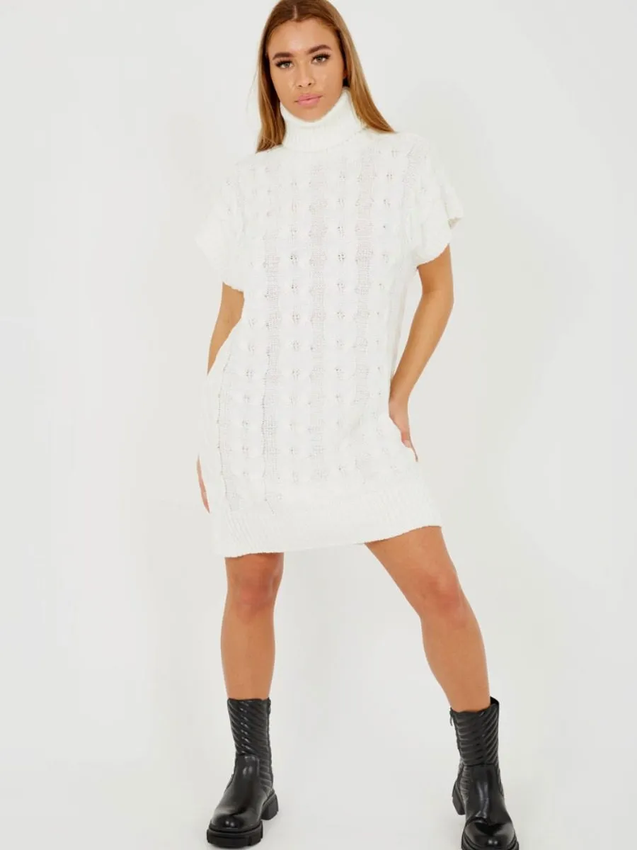 Annya Oversized Roll Neck Cable Knit Dress In Cream