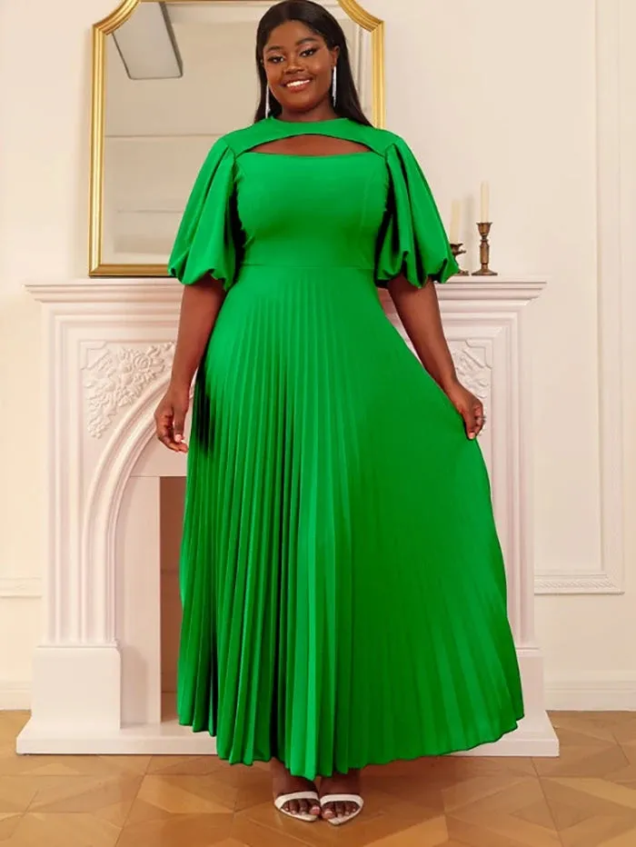 AOMEI Lantern Sleeve Cut Out Pleated Dress Maxi