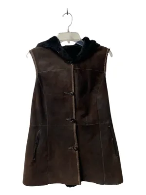 Artico Size 44 Brown & Black Leather & Shearling Hood Sleeveless Jacket
