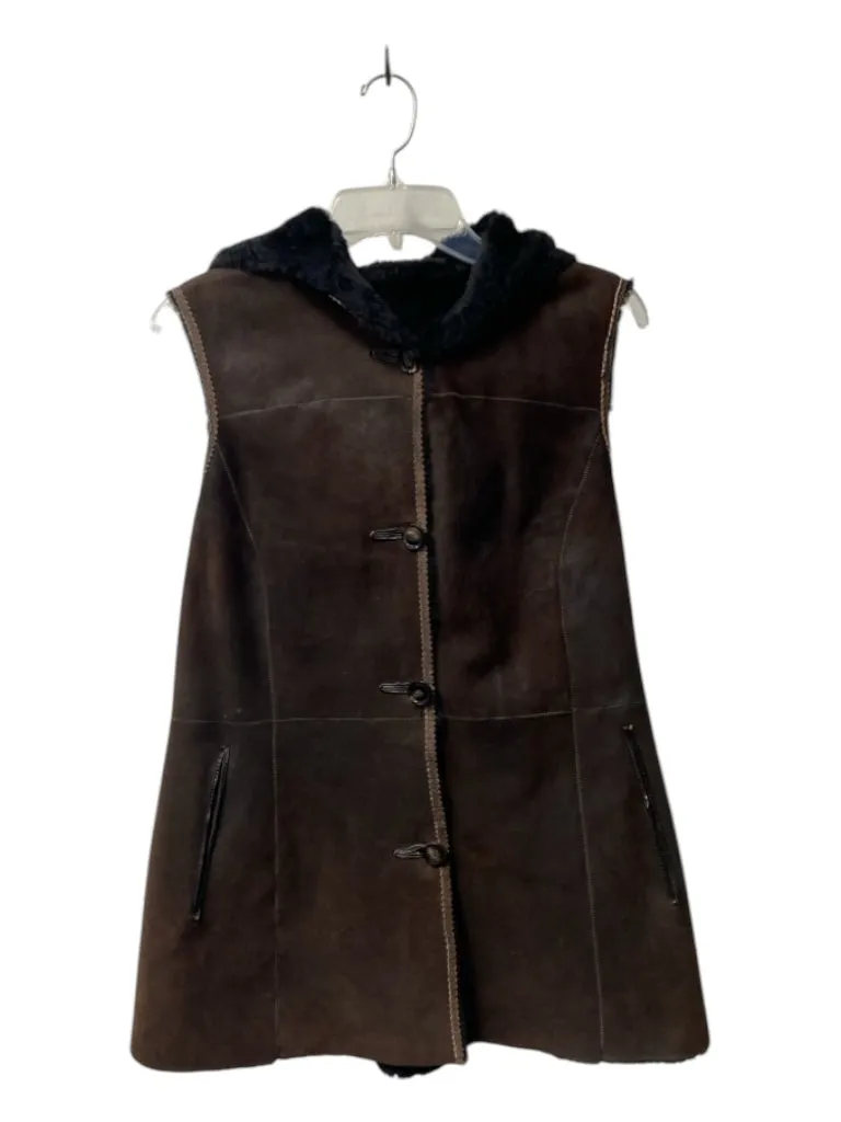 Artico Size 44 Brown & Black Leather & Shearling Hood Sleeveless Jacket