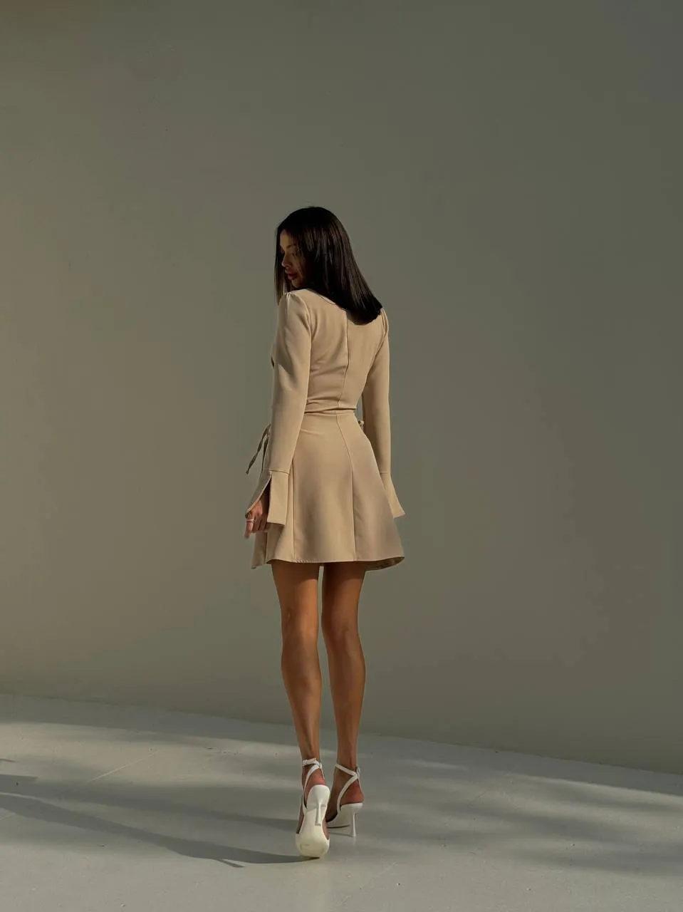 Beige color mini long sleeve dress “Nora”