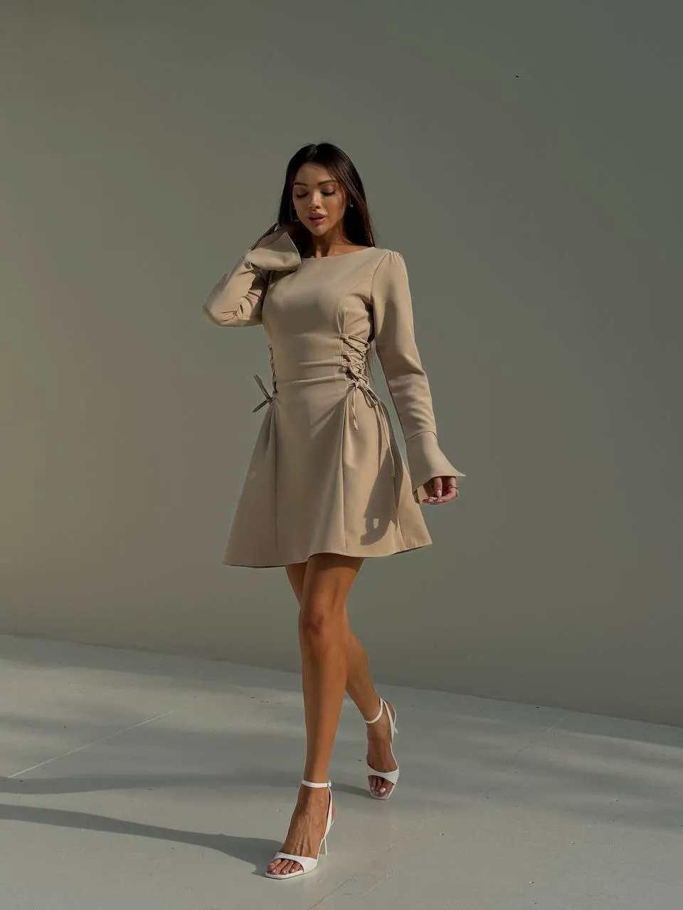 Beige color mini long sleeve dress “Nora”