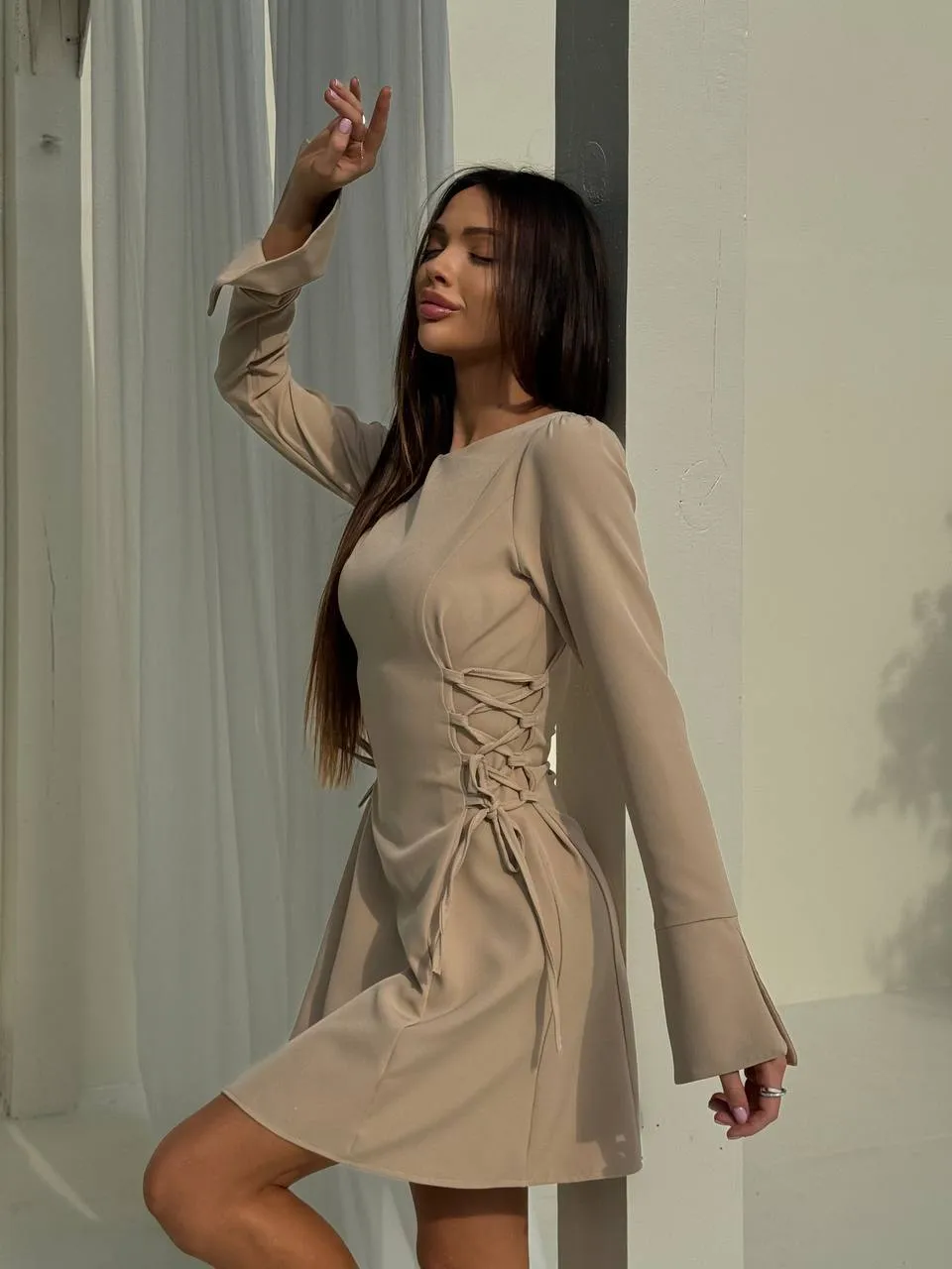Beige color mini long sleeve dress “Nora”