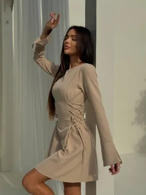 Beige color mini long sleeve dress “Nora”