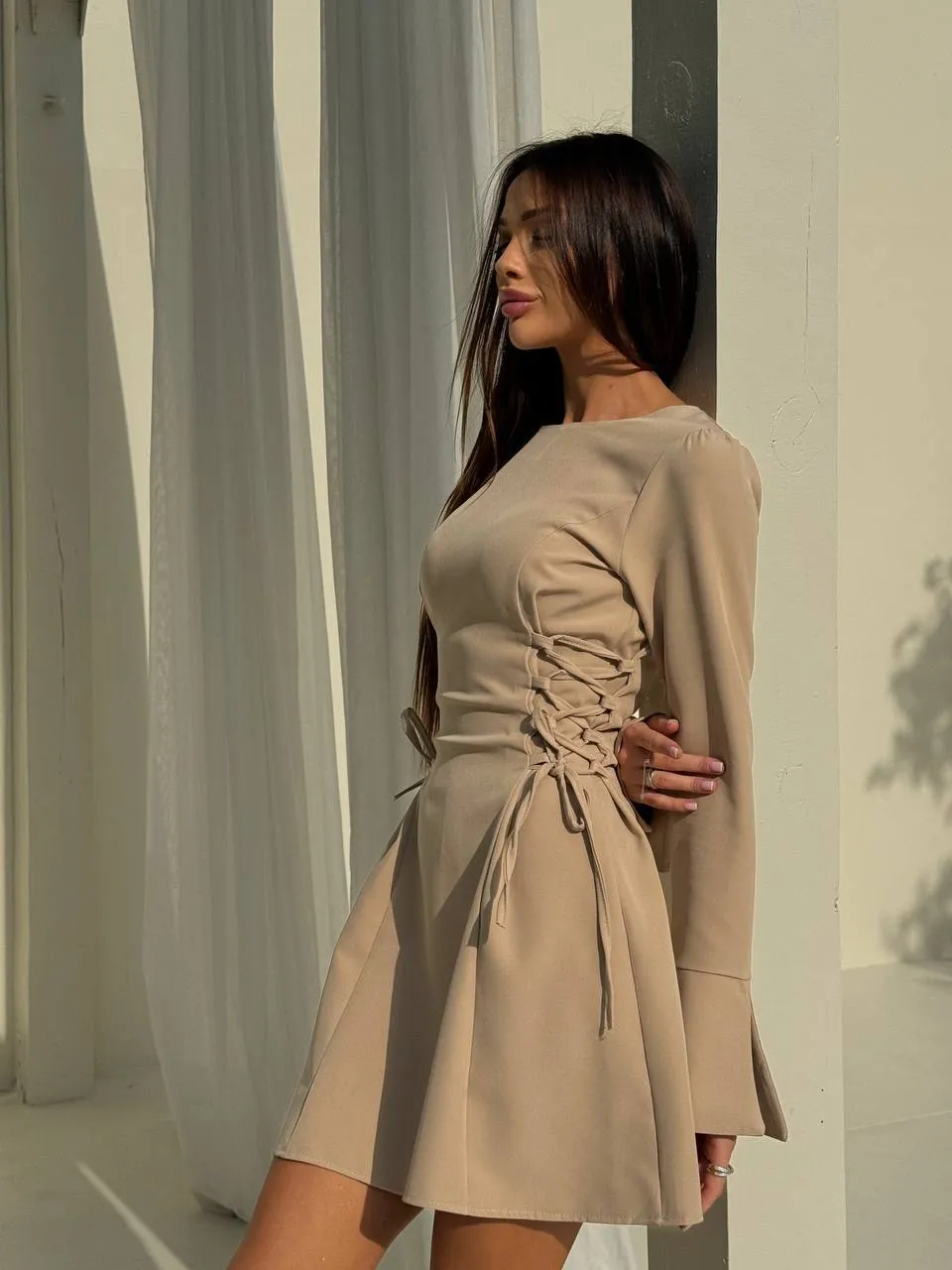 Beige color mini long sleeve dress “Nora”