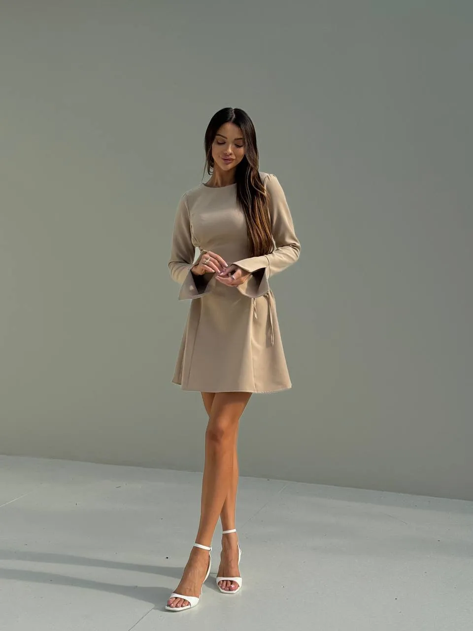 Beige color mini long sleeve dress “Nora”
