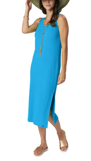 Betsy Vertical Rib Knit Sleeveless Mid-Calf Sheath Dress - Turquoise