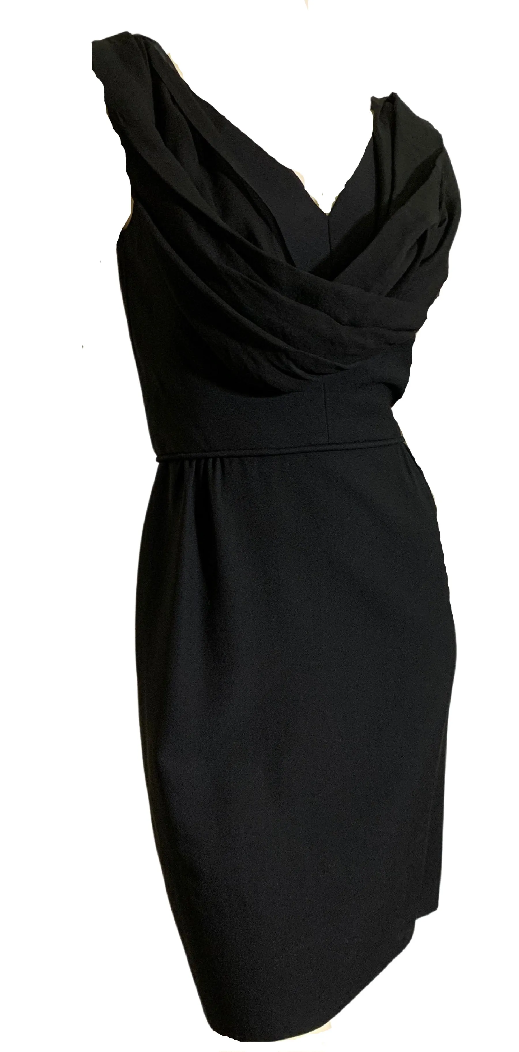 Black Chiffon Draped Neckline Mini Cocktail Dress circa 1960s