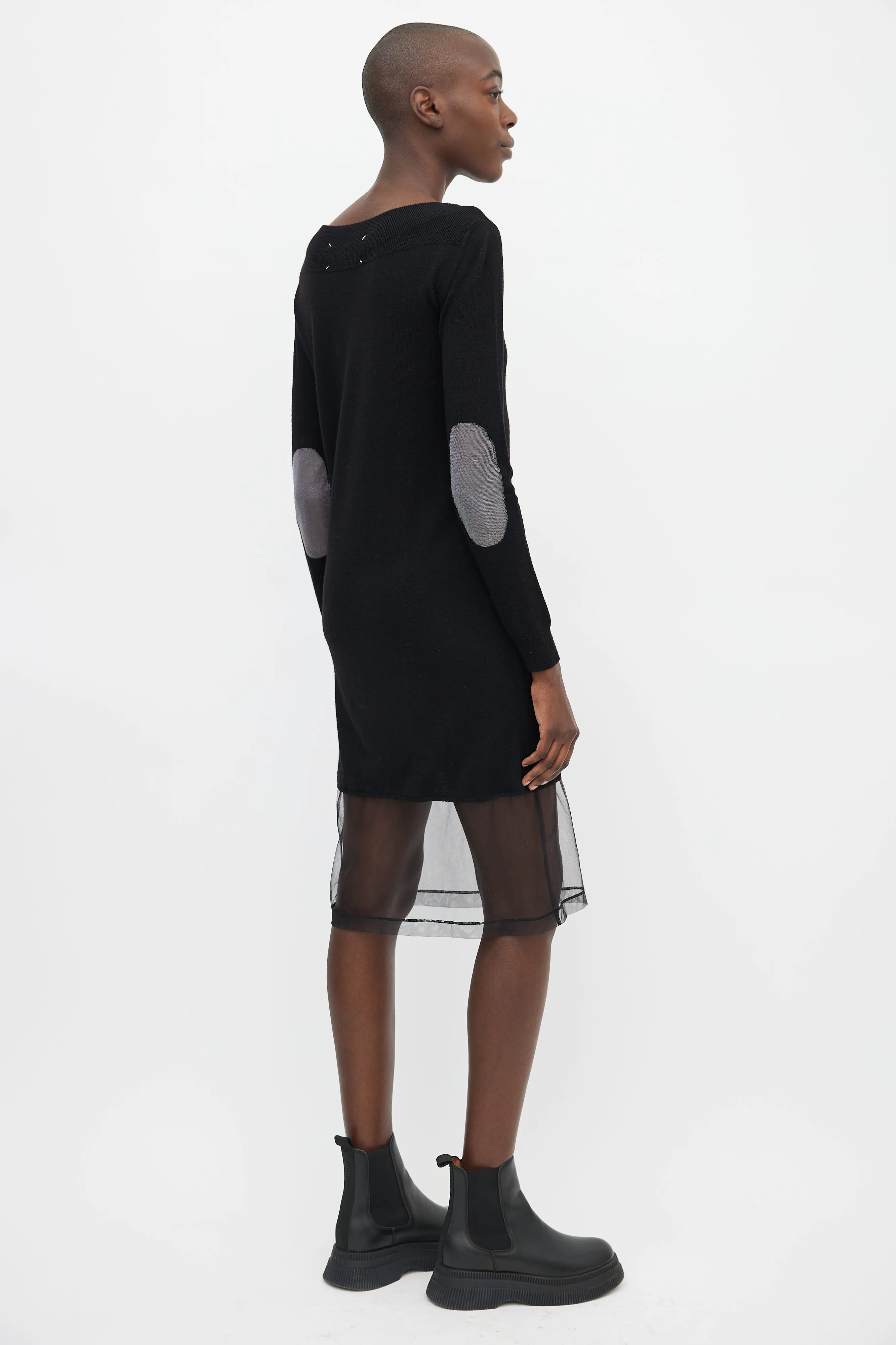 Black Knit & Silver-Tone Elbow Patch Sheer Hem Dress