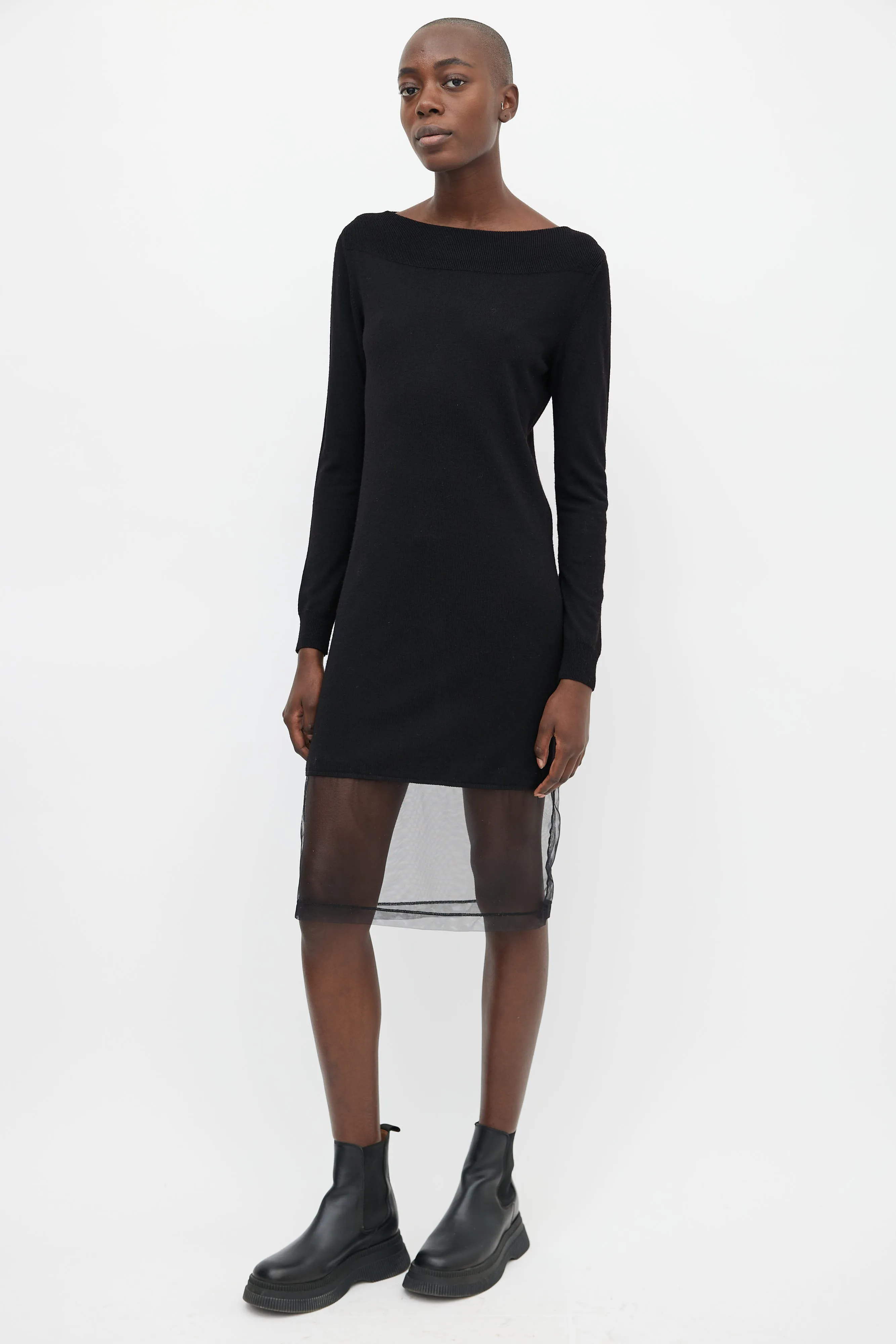 Black Knit & Silver-Tone Elbow Patch Sheer Hem Dress