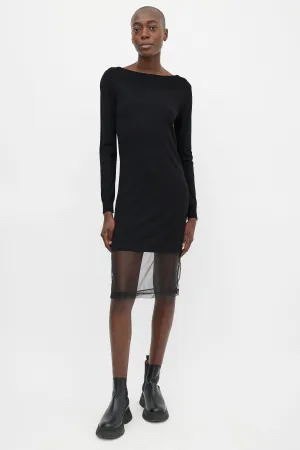 Black Knit & Silver-Tone Elbow Patch Sheer Hem Dress