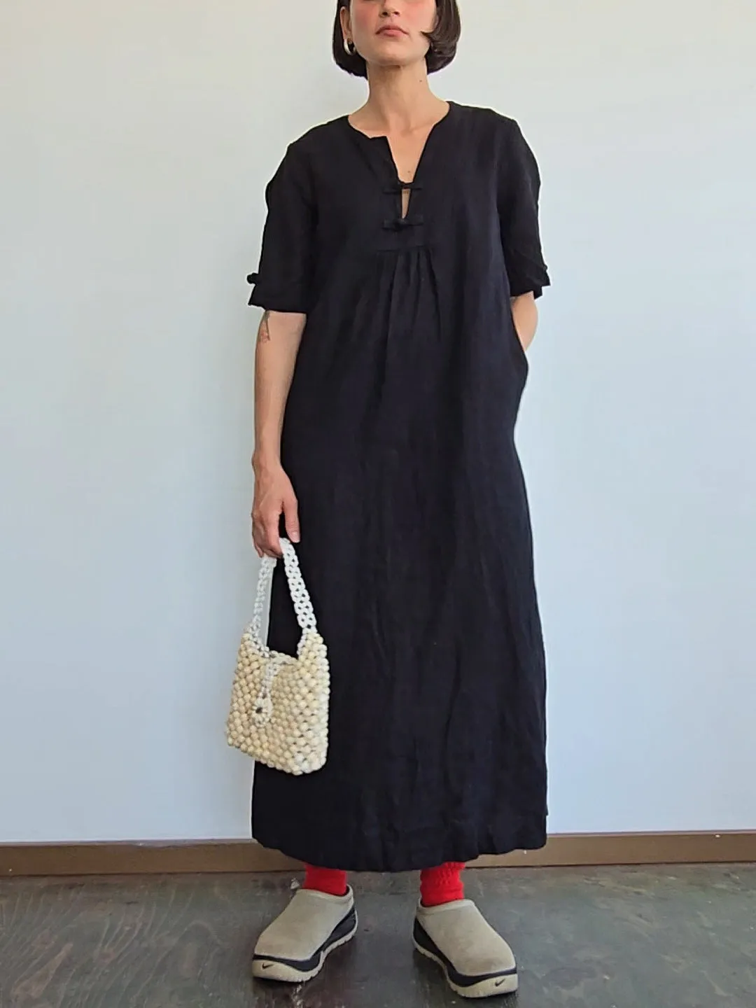 Black Linen Frog Button Dress (L)