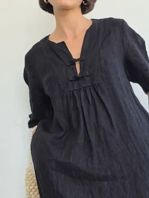 Black Linen Frog Button Dress (L)