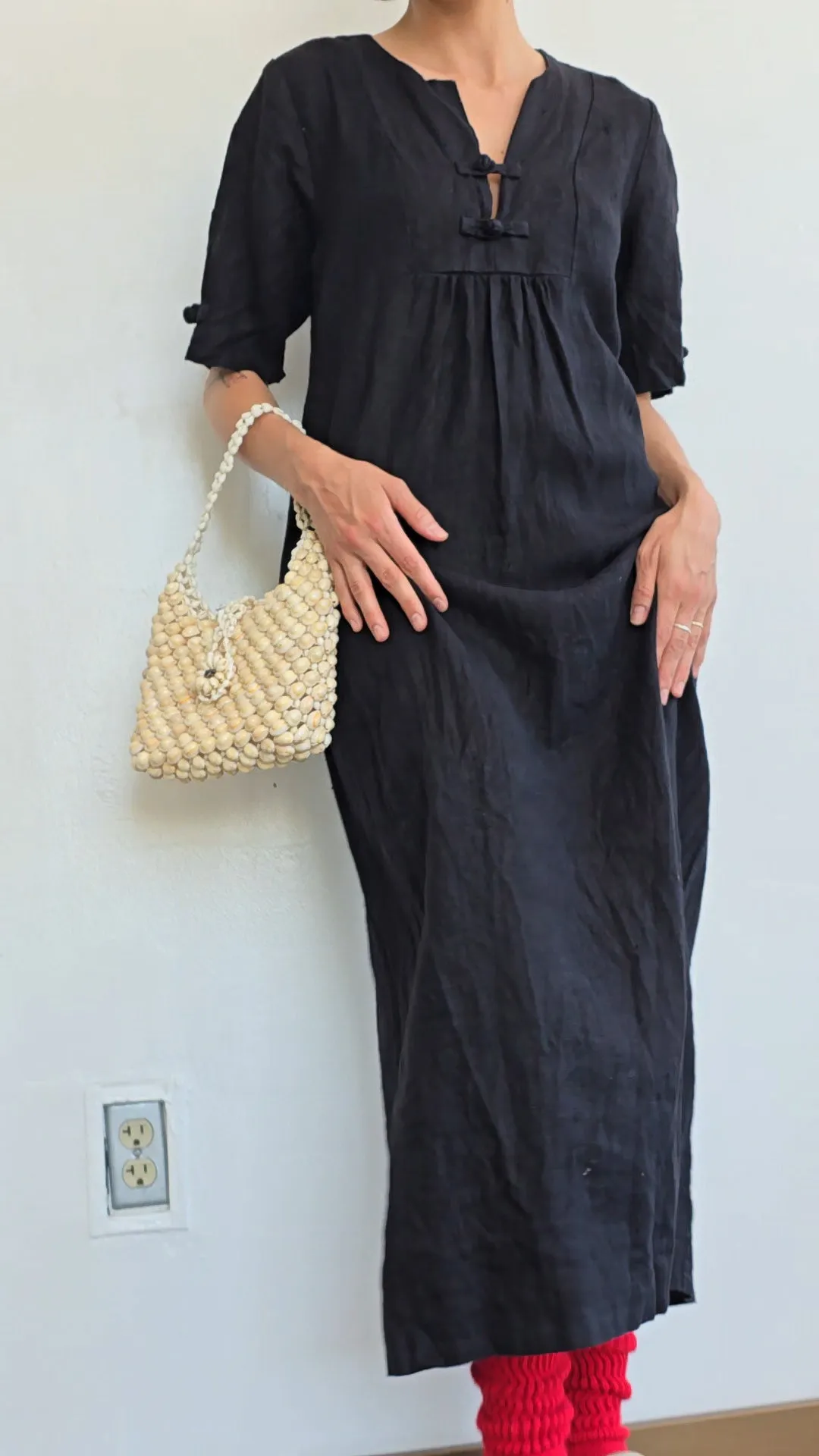 Black Linen Frog Button Dress (L)