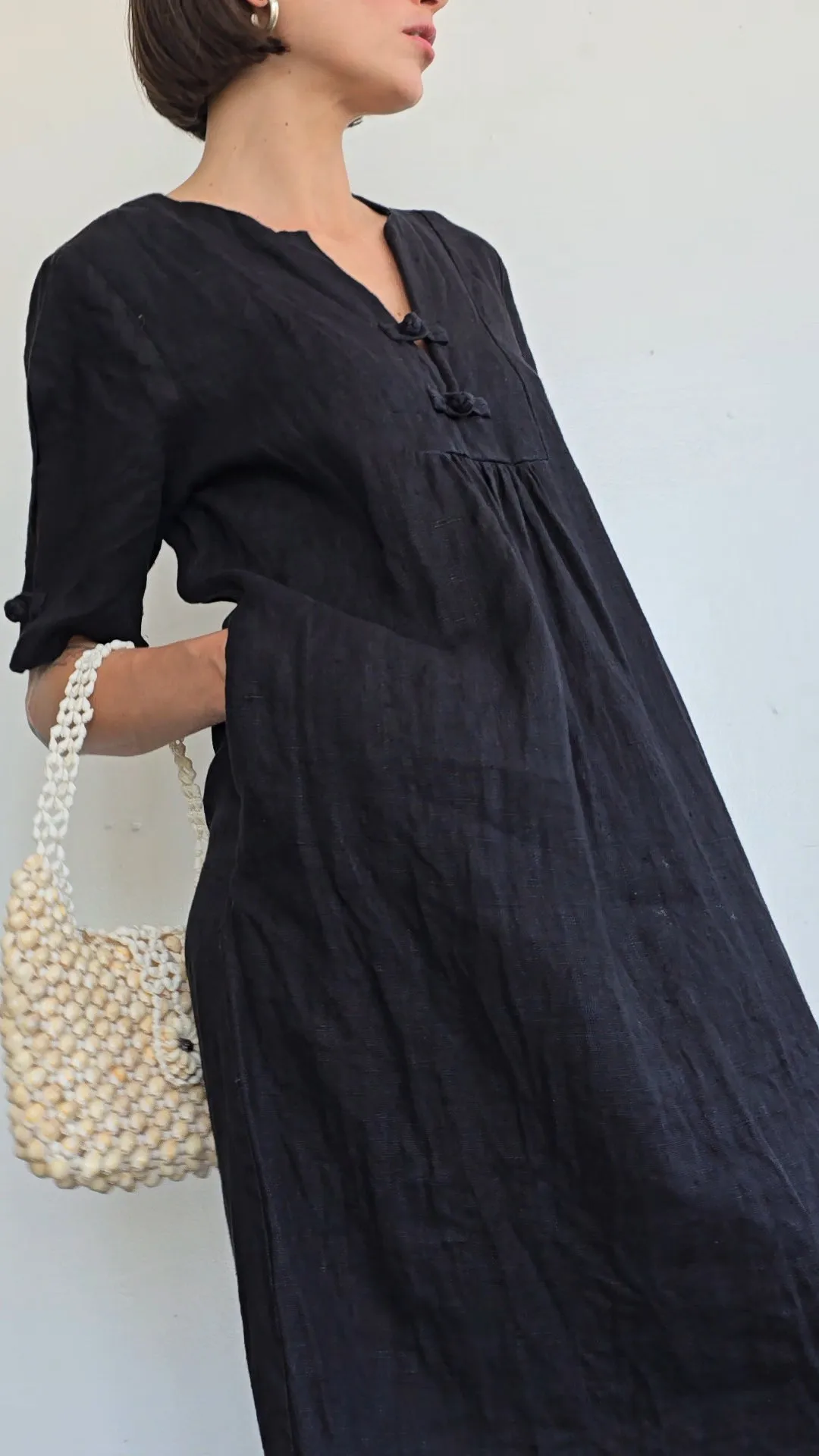 Black Linen Frog Button Dress (L)