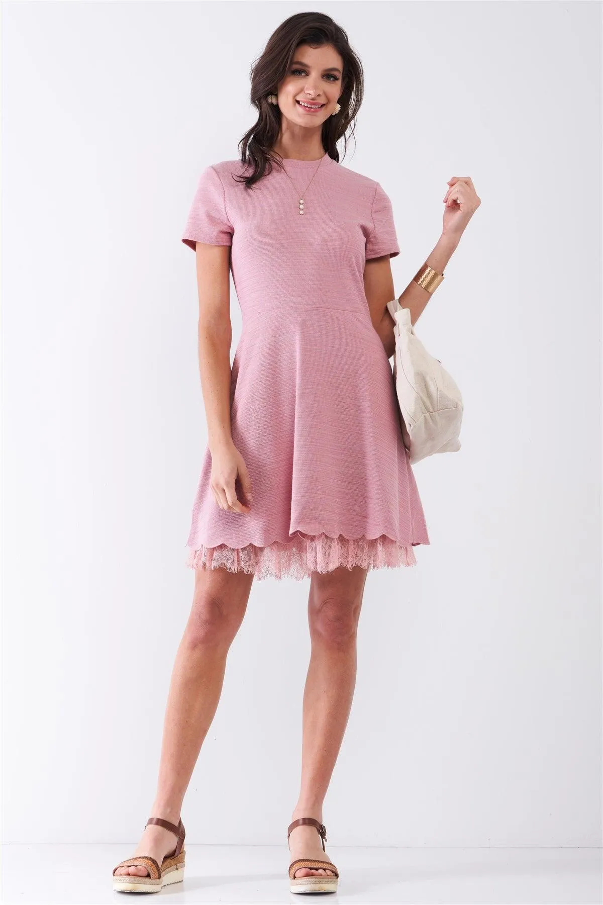 Blush Short Sleeve Lace Mesh Lining Detail Knit Mini Dress /1-2-2-1