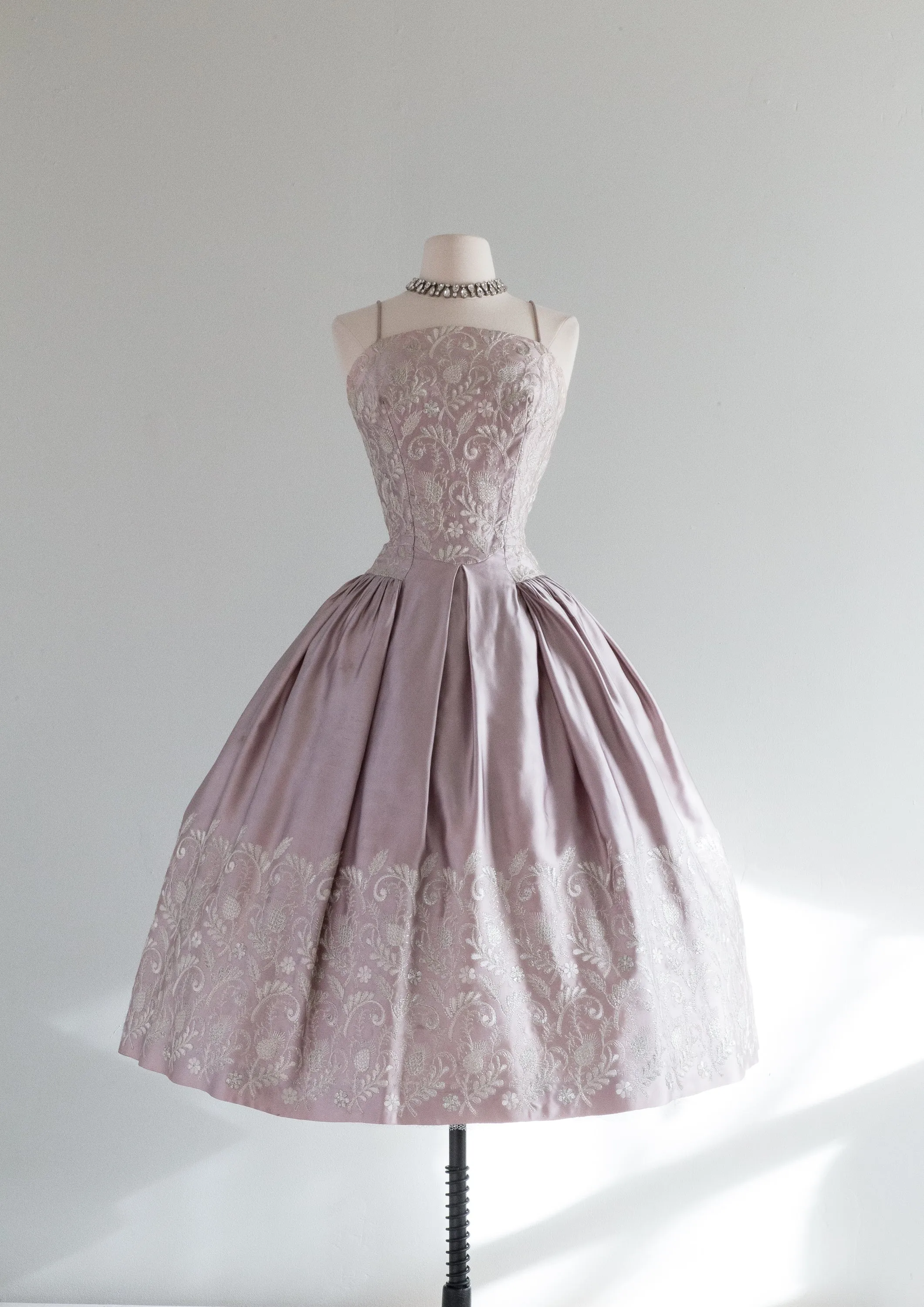 Breathtaking 1950's Embroidered Steel Lavender Satin Party Dress / Small