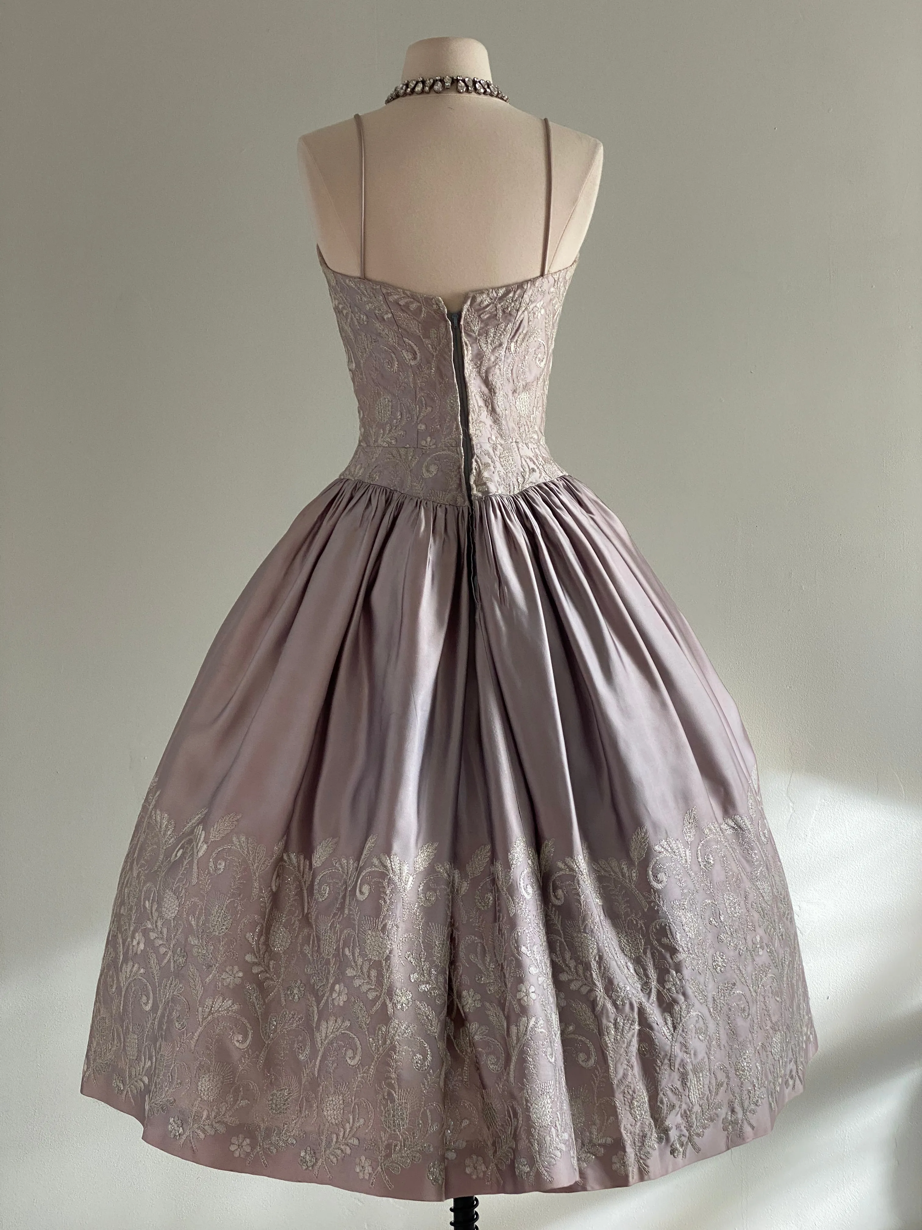 Breathtaking 1950's Embroidered Steel Lavender Satin Party Dress / Small