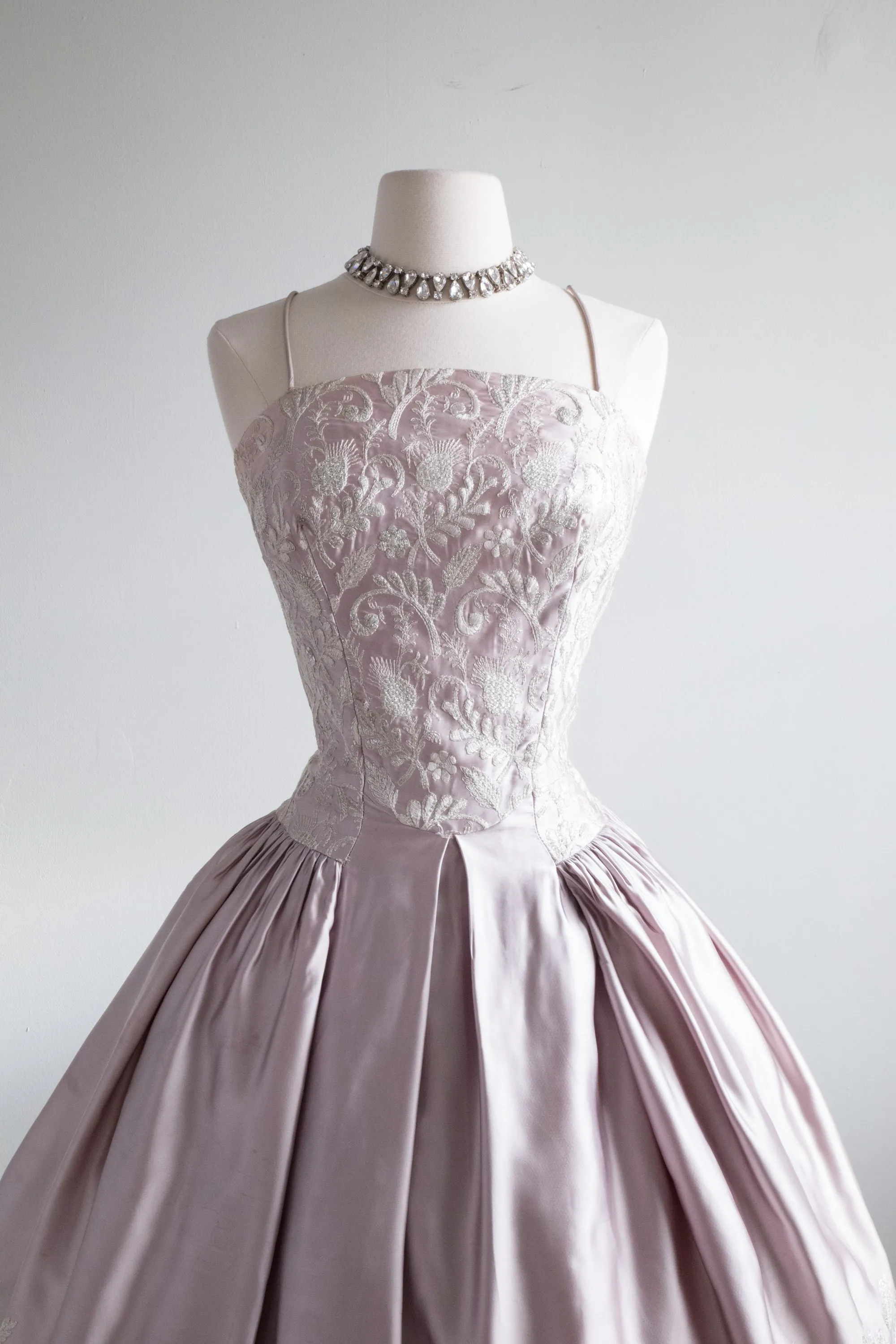 Breathtaking 1950's Embroidered Steel Lavender Satin Party Dress / Small