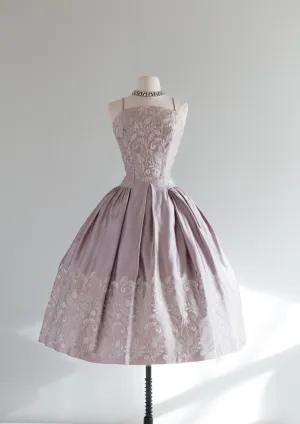 Breathtaking 1950's Embroidered Steel Lavender Satin Party Dress / Small
