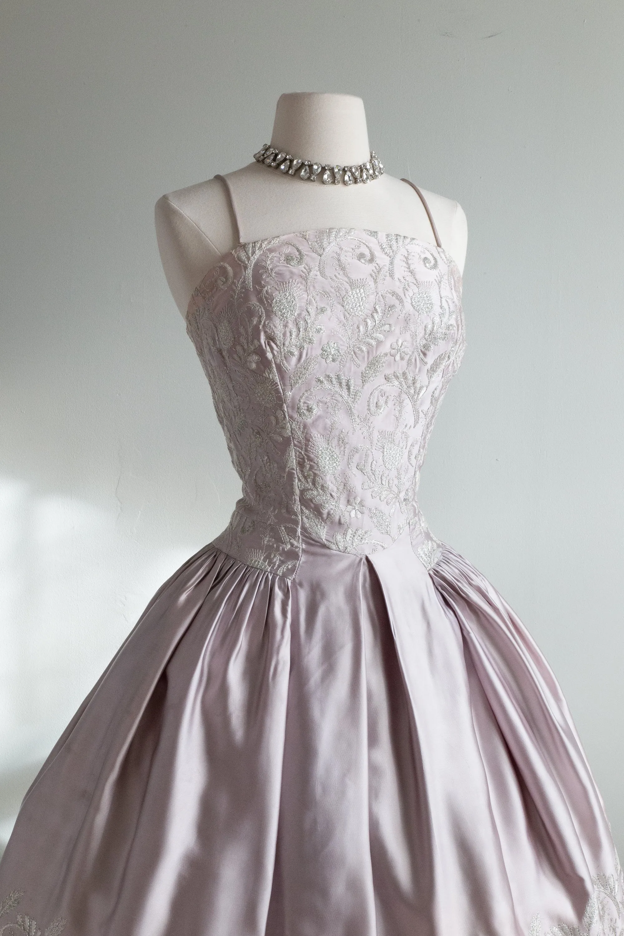 Breathtaking 1950's Embroidered Steel Lavender Satin Party Dress / Small