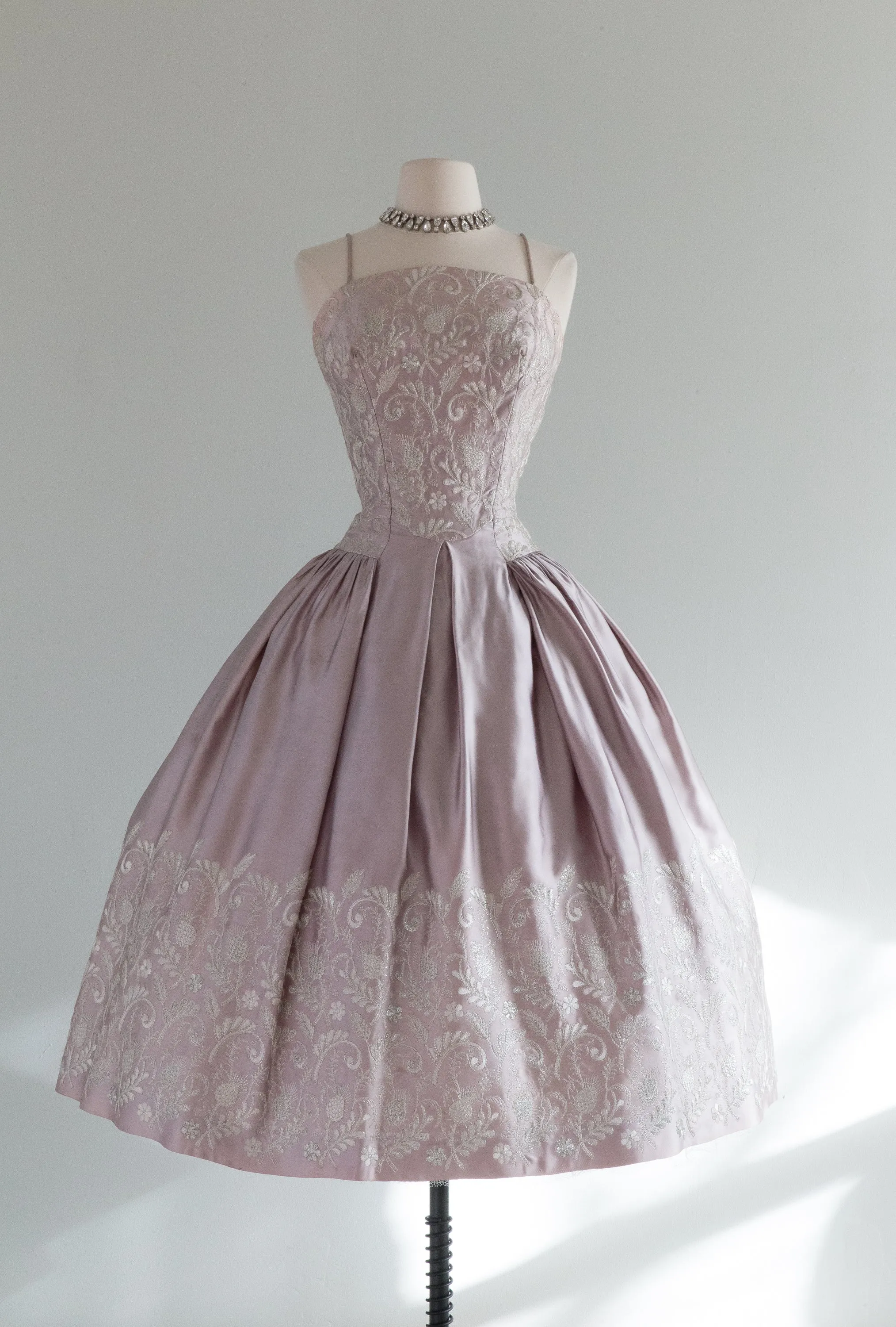 Breathtaking 1950's Embroidered Steel Lavender Satin Party Dress / Small
