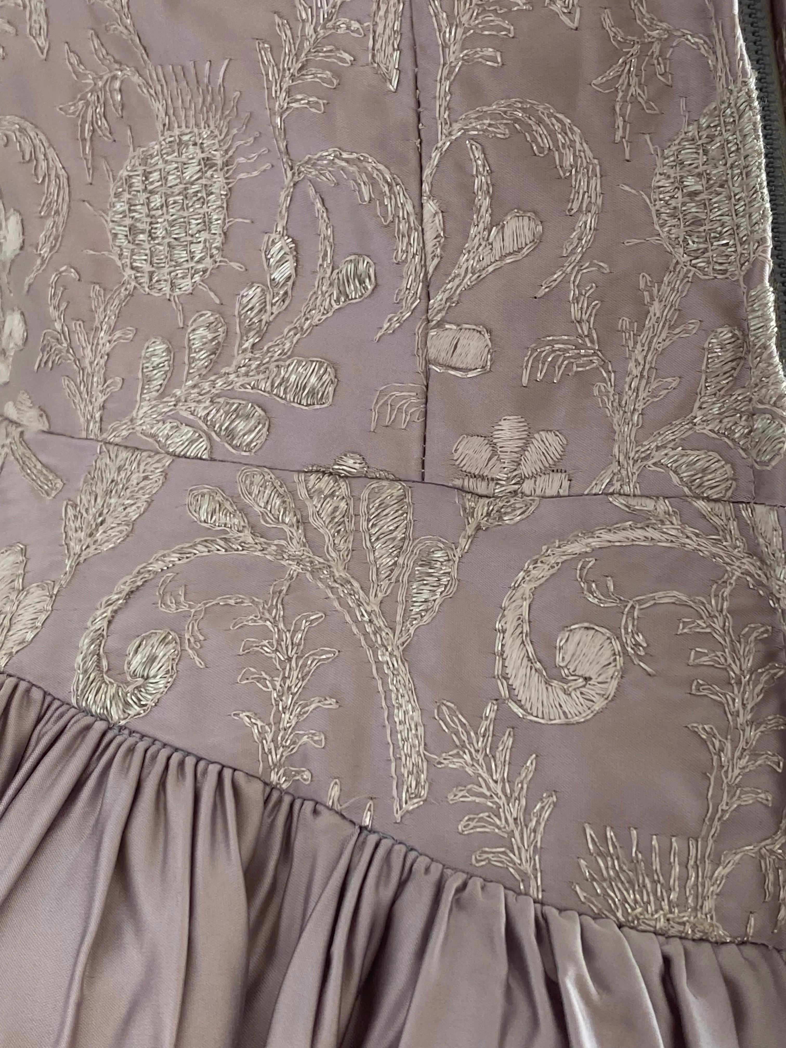 Breathtaking 1950's Embroidered Steel Lavender Satin Party Dress / Small