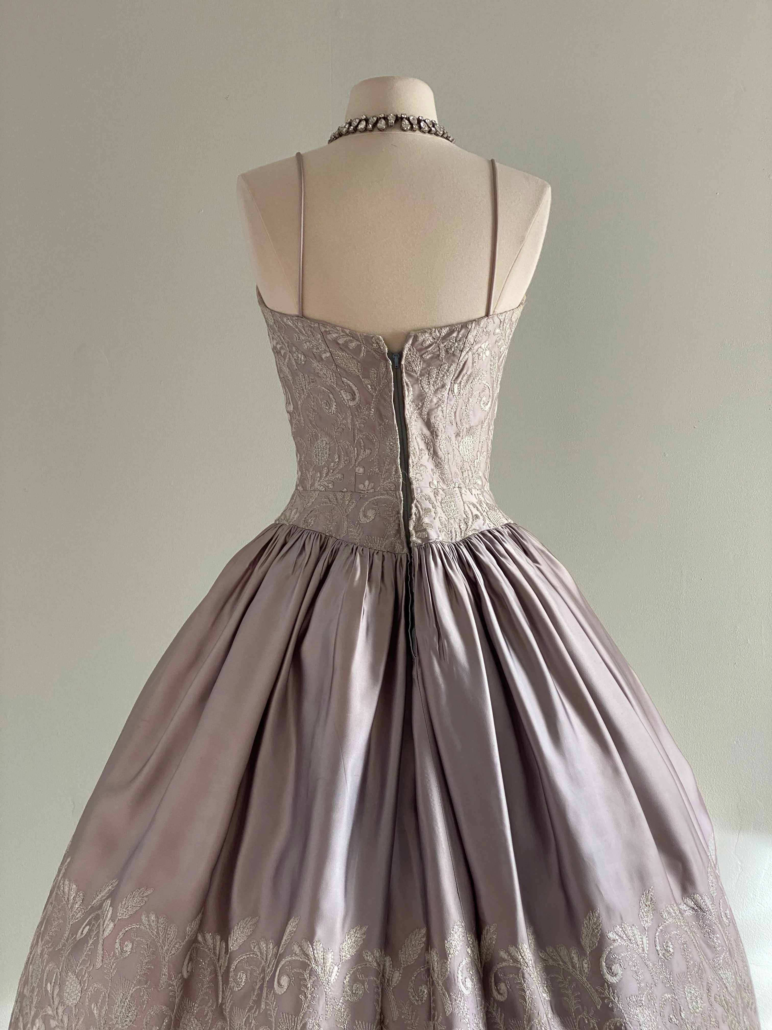 Breathtaking 1950's Embroidered Steel Lavender Satin Party Dress / Small