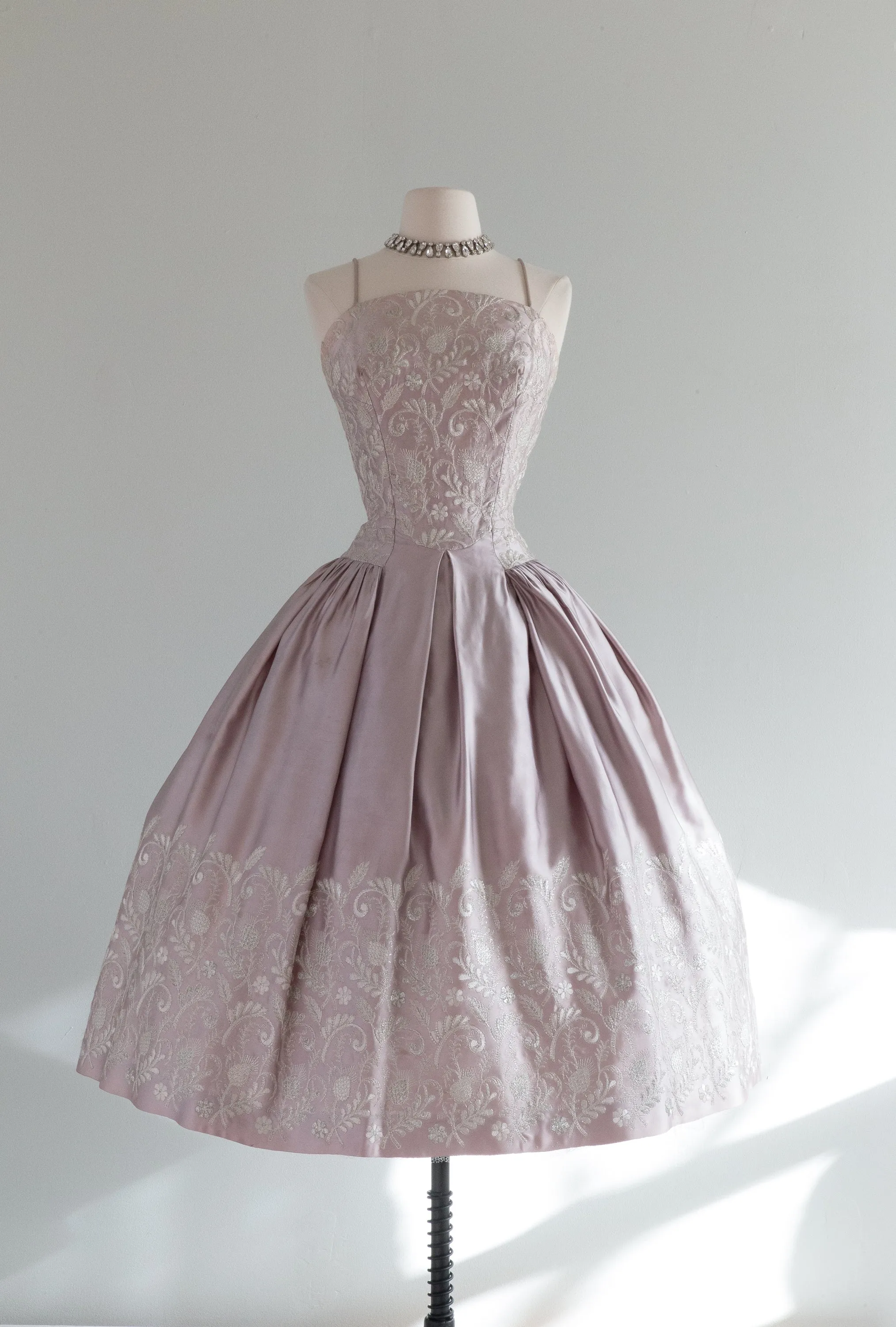 Breathtaking 1950's Embroidered Steel Lavender Satin Party Dress / Small