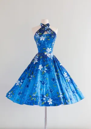 Brilliant Blue 1950's Cotton Hawaiian Dress by Kamehameha With Full Skirt / Waist 28