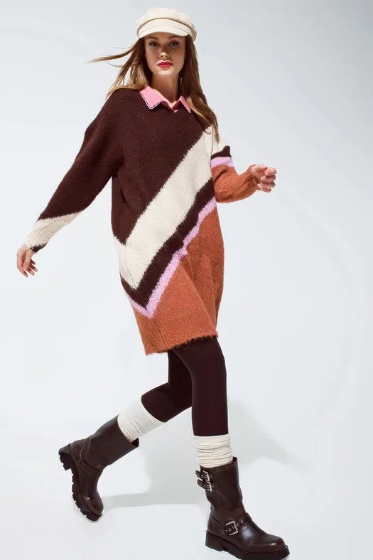 Brown Striped Oversized Chunky Knit Dress with Crew Neck