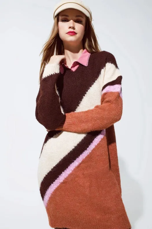 Brown Striped Oversized Chunky Knit Dress with Crew Neck