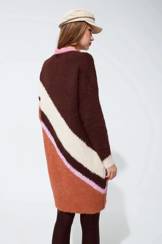Brown Striped Oversized Chunky Knit Dress with Crew Neck