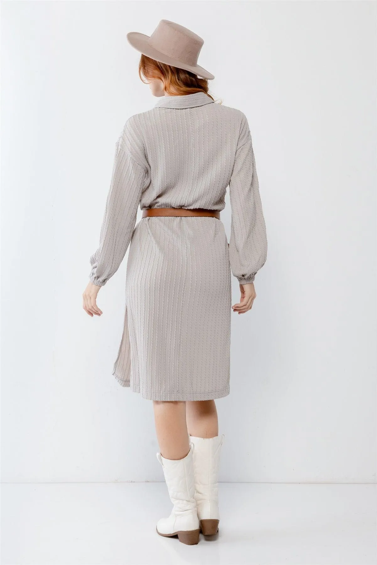 Cable Knit Collared V-Neck Relax Fit Midi Dress