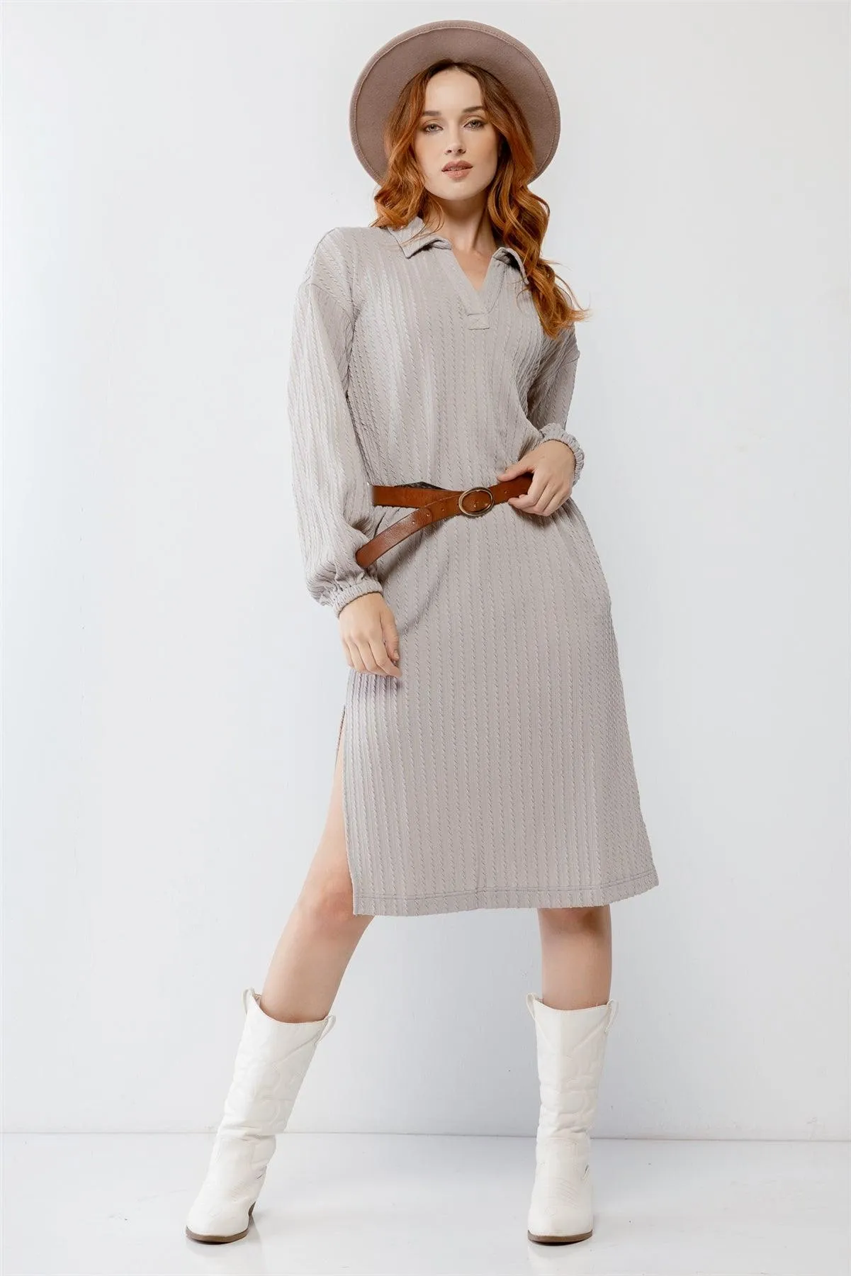 Cable Knit Collared V-Neck Relax Fit Midi Dress