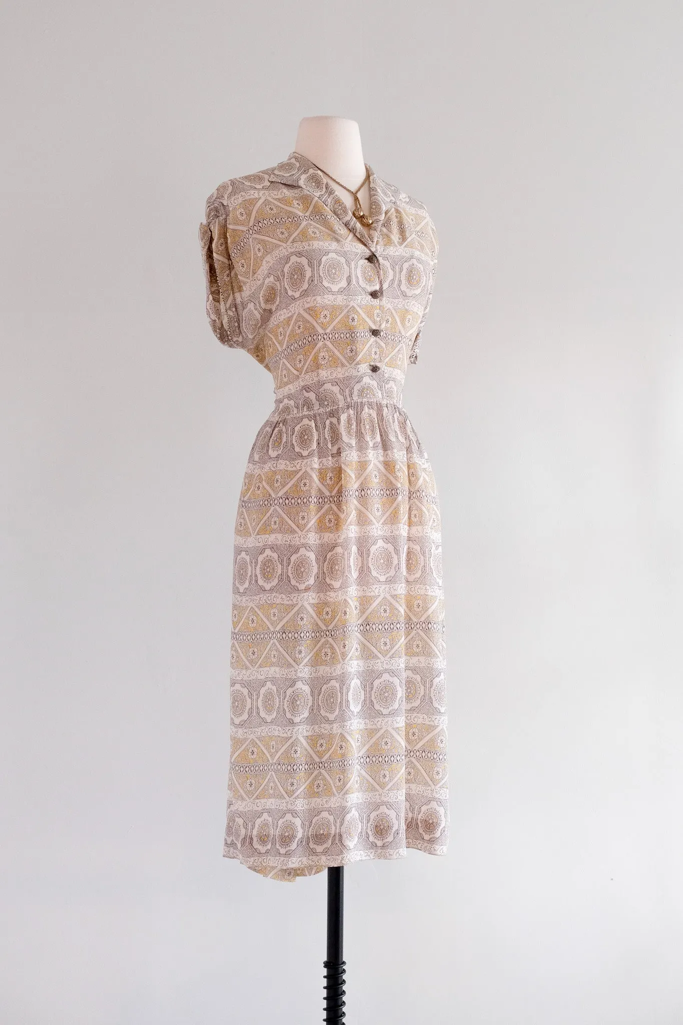 Charming 1940's Lemon Yellow Mosaic Printed Rayon Day Dress / Sz M