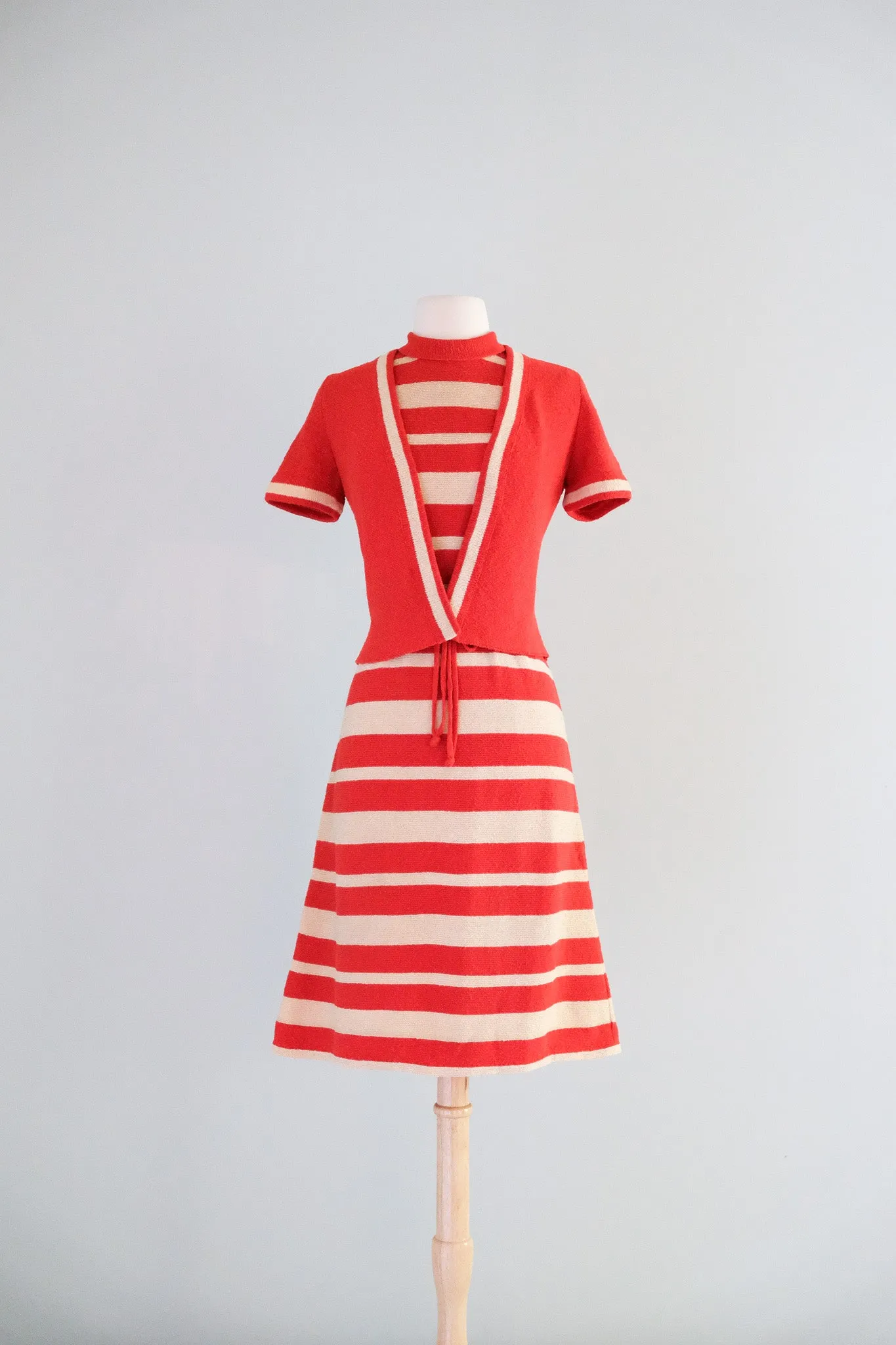 Charming 1960's Tomato Red Striped Knit Dress Set / M