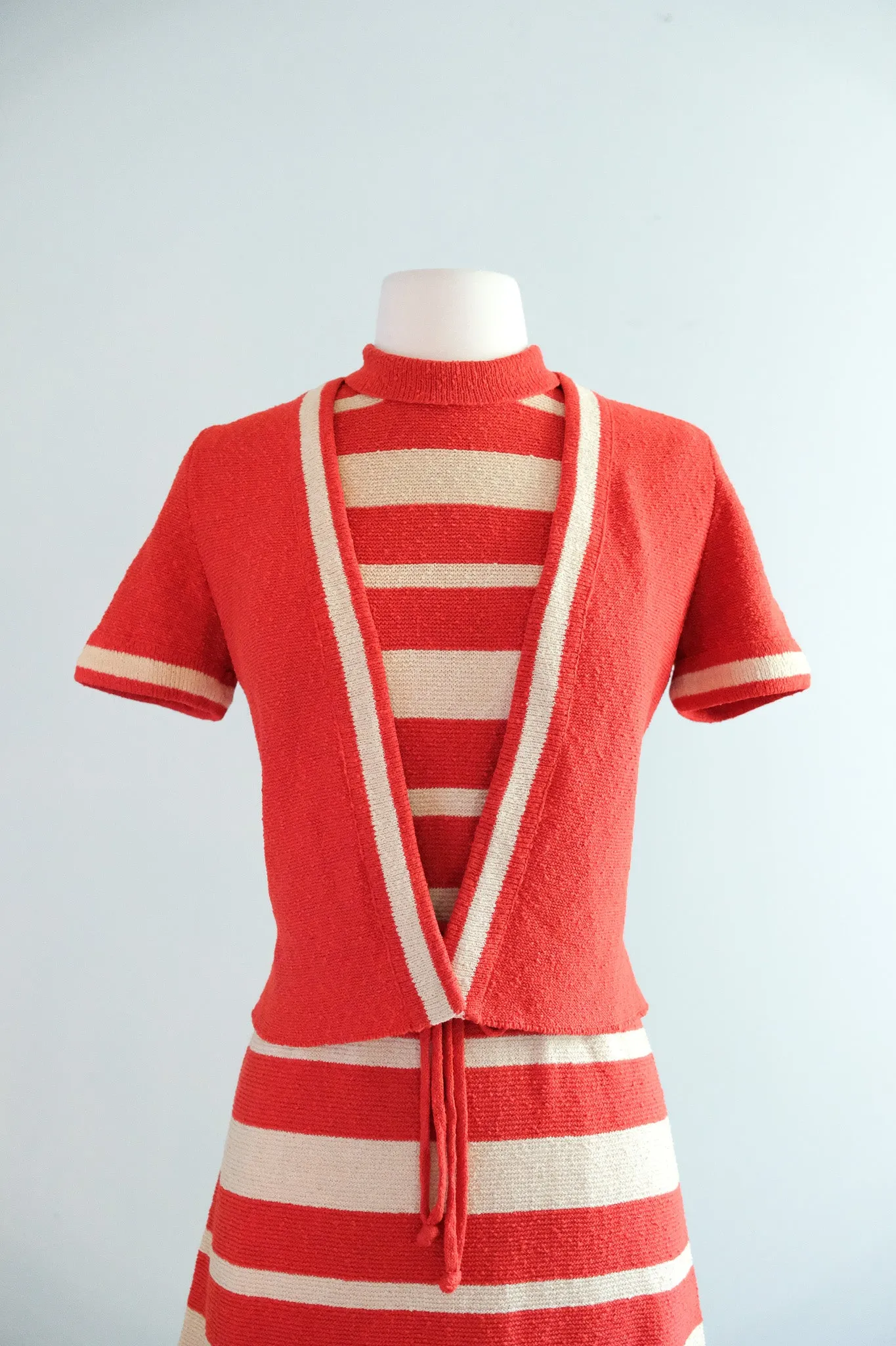 Charming 1960's Tomato Red Striped Knit Dress Set / M